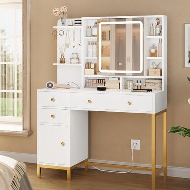 Трюмо AOGLLATI з розеткою, LED-підсвічуванням, регульованою яскравістю, шухлядами та полицями. Косметичний столик зі дзеркалом (білий)