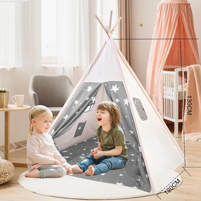 Дитячий намет-типі Kindertipi Dacron 120x120x160 см з вікном, миється, для дитячої кімнати, 4-х стовпчиків, білий (сірий та білий)