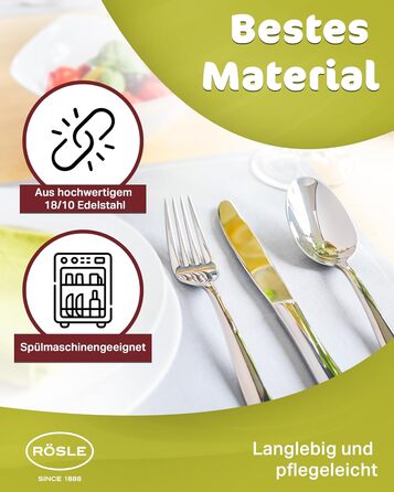 Набір столових приборів RöSLE ELEGANCE на 12 осіб (60 предметів) – високоглянцевий нержавіючий сталь 18/10, преміум якість, придатний для миття в посудомийній машині, в подарунковій коробці