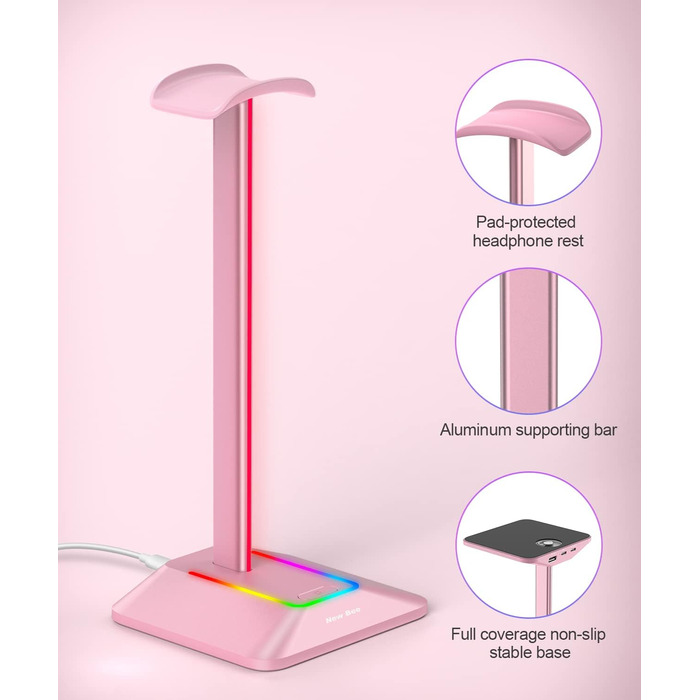 Нова підставка для гарнітури Bee RGB із зарядним пристроєм USB-C, універсальний тримач для ігрових навушників (рожевий)