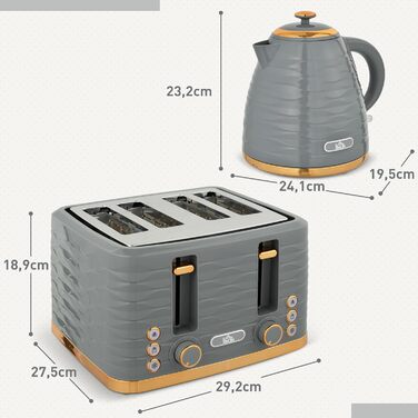 Набір для сніданку HOMCOM: чайник 1.7л, тостер на 4 тости, 2200W, 7 рівнів підсмажування, функція розморожування та підігріву, зйомний піддон для крихт, сірий