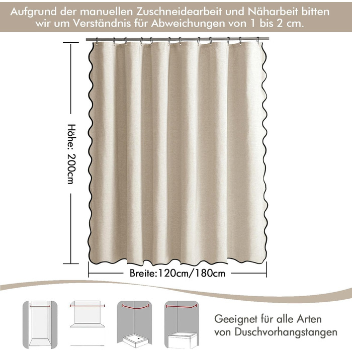 Шторка для душу MIULEE 120x200 см, льонова текстура, бежева, з чорною окантовкою, водонепроникна, антигрибкова, з 8 кільцями, для ванної кімнати