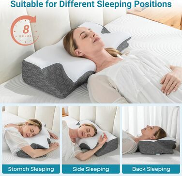 Ортопедична подушка Elviros з Memory Foam, ергономічна підтримка шиї для тих, хто спить на боці, спині та животі, знімний чохол, темно-сіра