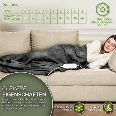 Електрична гріюча ковдра з плюшу 200 x 180 см з таймером та 9 рівнями нагріву, відключається автоматично, антрацит