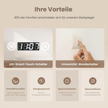 Дзеркало для ванної кімнати EMKE LED 90x70 см з підсвічуванням, годинником та захистом від запотівання, IP44