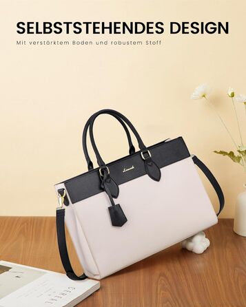 Сумка для ноутбука LOVEVOOK 15.6 дюймів, велика робоча сумка, водонепроникна сумка з PU шкіри, сумка-шоппер, акцентна сумка, сумка для навчання, сумка через плече для бізнесу, роботи, університету, школи (Бежево-чорна, M)