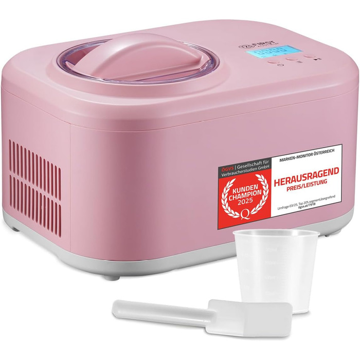 Електрична машина для приготування морозива TZS First Austria 1L з компресором 3 в 1 - для морозива, сорбету та замороженого йогурту, з мірним стаканом та лопаткою, рожева