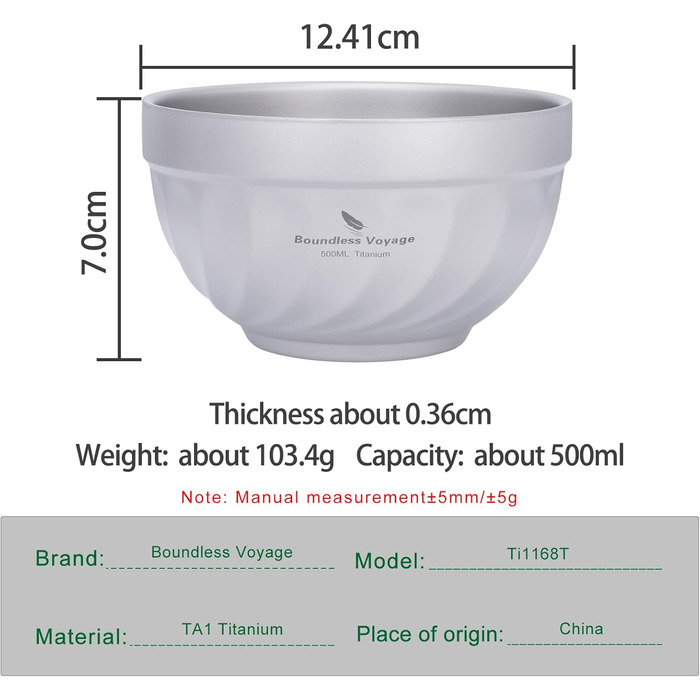iBasingo Титанові миски з подвійними стінками 500мл та 800мл для каші, їжі, рису, супу. Легкі, портативні, металеві миски для кемпінгу та відпочинку на природі. (500ML Ti1168T)