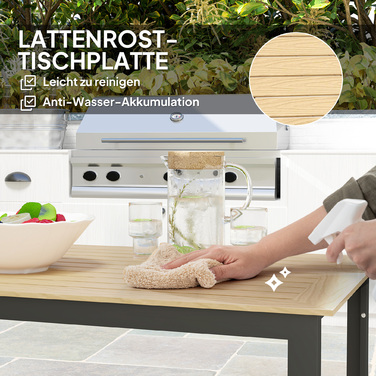 Металевий садовий стіл 175x78 см, стійкий до погодних умов, балконний стіл з імітацією дерева, з антиковзким покриттям, чорний обідній стіл