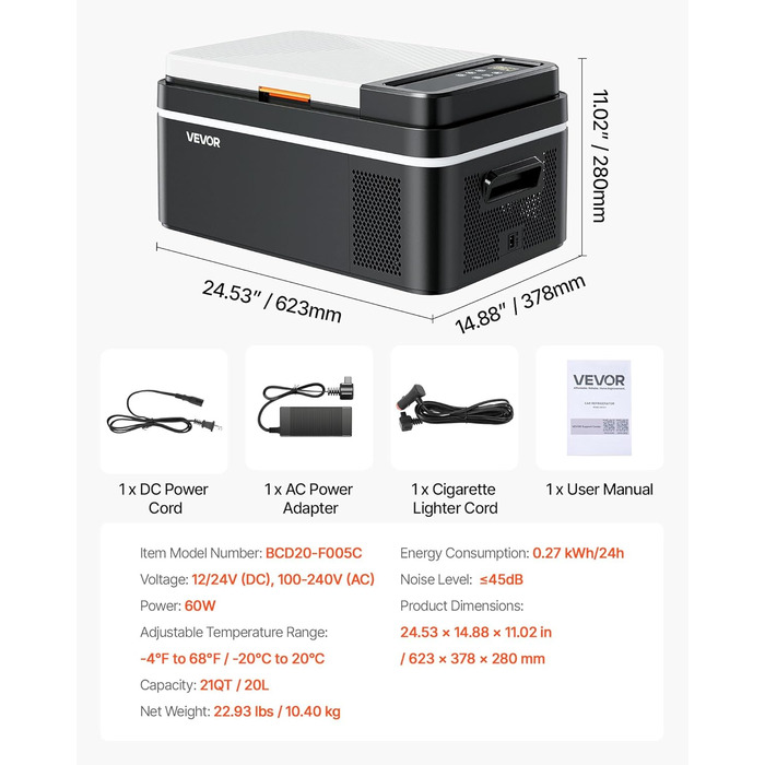 Автомобільний холодильник VEVOR 20л з Wi-Fi, 12/24В DC та 100-240В AC: портативний компресорний автохолодильник для кемпінгу, подорожей, риболовлі