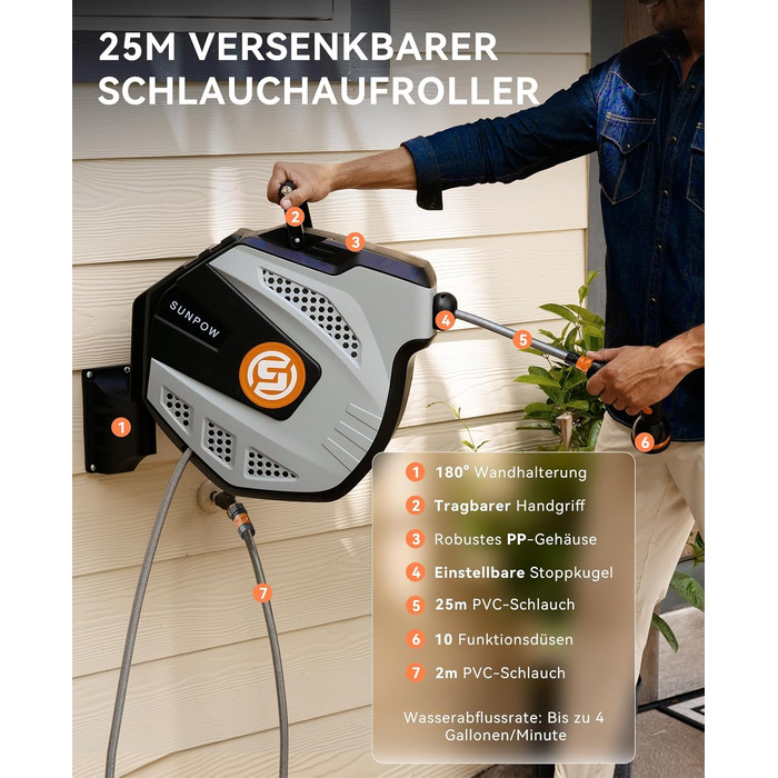 Шланг для поливу SUNPOW RollUp 25м з автоматичним змотуванням, настінний, сірий, з 10 функціональними розпилювачами