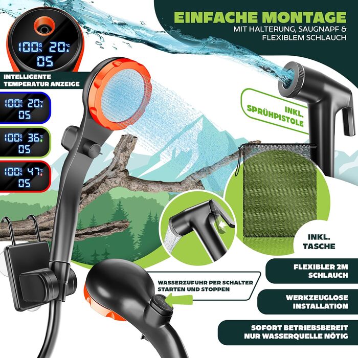 Соняшний душ KESSER® з насосом та акумулятором 8000mAh. Комплект для кемпінгу: регульована лійка, шланг 2м, пістолет-розпилювач, кріплення. Без бака, оранжевий/чорний