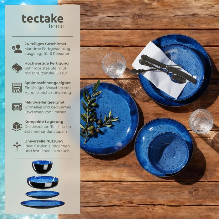 Набір посуду tectake® 30tlg. для 6 осіб, керамічний, з тарілками, мисками та чашками, придатний для миття в посудомийній машині та використання в мікрохвильовці - (24 шт., Nautic Blue)