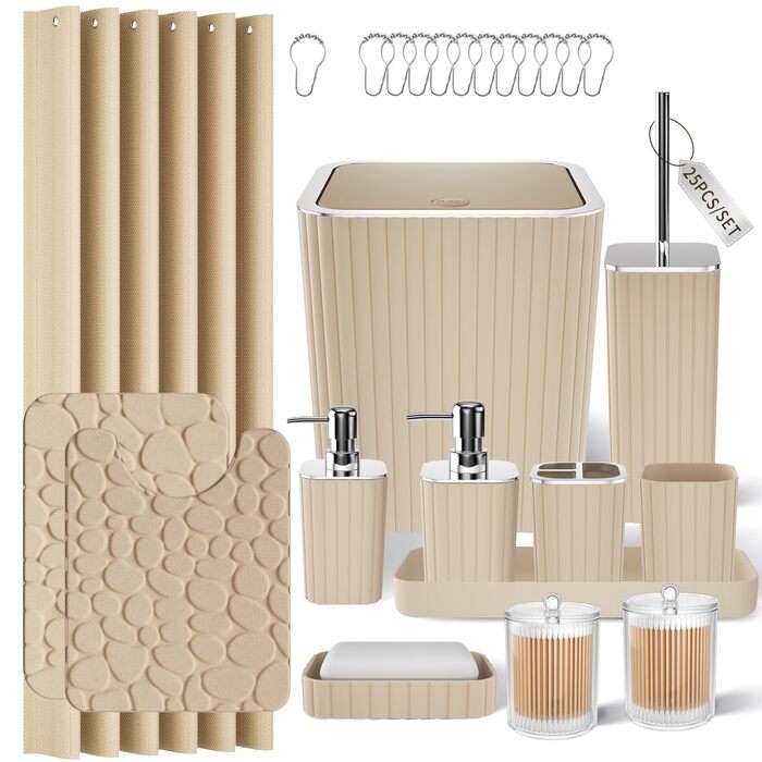 Набір аксесуарів для ванної кімнати, 25 предметів, салатовий, з душовою завісою та килимками