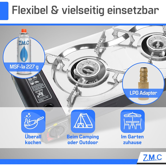 Газовий набір для кемпінгу ZMC: 2-горілкова плита, адаптер для LPG, 4 балончики 227г, кейс, 2.5kW, Piezo-запалювання, для відпочинку на природі та вдома