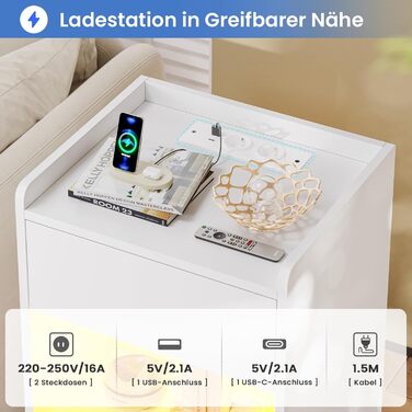 Нічний столик AOGLLATI з LED-підсвічуванням та зарядкою, 2 шухляди та полиця, білий (40x35x60 см)