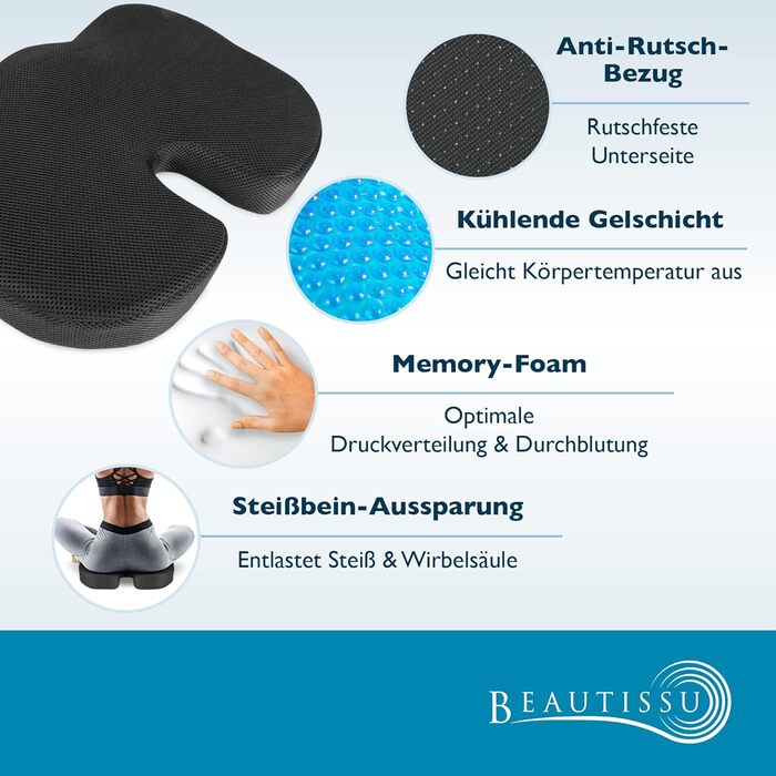 Подушка для сидіння Beautissu BeauErgo GS Memory Foam з гелевим наповнювачем - ергономічна підставка для автомобіля та офісного крісла, з ефектом охолодження