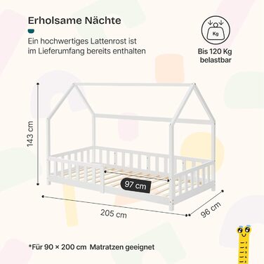Ліжко дитяче Hesel Hausbett біле 90x200 см з бортиками та ламелями. Монтессорі ліжко-платформа для підлітків. Дерев'яне ліжко від en.casa