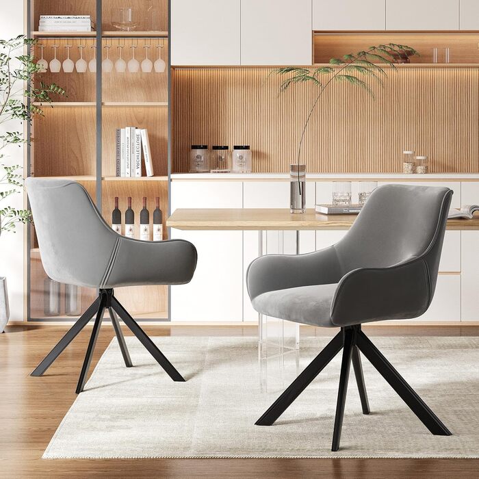 Обідні стільці поворотні, комплект 6 шт. з підлокітниками, сучасний дизайн, металевий каркас, для кухні, вітальні, офісу, бежевий/світло-сірий (льон/велюр)