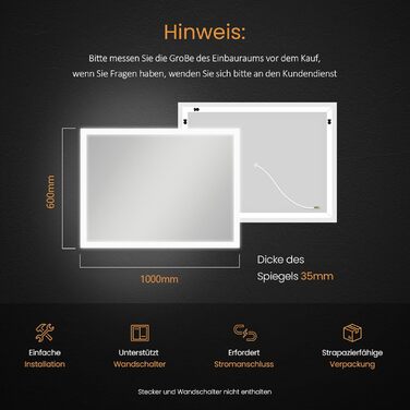 Дзеркало для ванної кімнати EMKE з підсвічуванням 120x60 см, антизапар, кнопка, тепле/холодне світло, IP44, енергозберігаюче