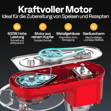 Кухонна машина VIVOHOME 5.7L: потужний міксер з 10 швидкостями, функцією імпульсу та набором насадок (червоний)