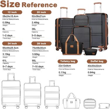 KONO Набір валіз: 6 частин, дорожній набір, багаж, косметичка, ручна сумка, культиватор (Чорний/Коричневий)