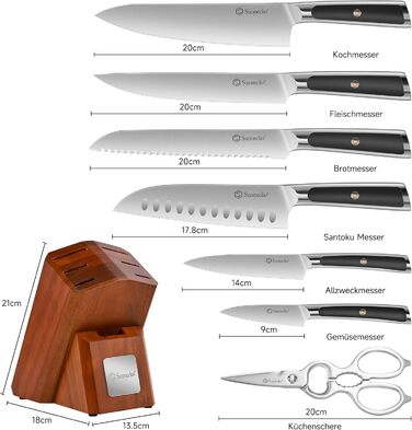 Набір ножів Sunnecko 6 шт. з підставкою – кухонний набір ножів, кухонні ножі з ергономічними ручками, гострими лезами, підставка з нержавіючої сталі та акації