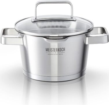 Каструля Meisterkoch з нержавіючої сталі 16 см з виливом, мірною шкалою та ізольованою ручкою | з кришкою з скла та ситом | кухонне приладдя, підходить для індукційних плит