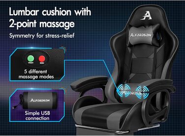 Ігрове крісло ALFORDSON з 8-точковим масажем і RGB LED підсвічуванням ергономічне сіре