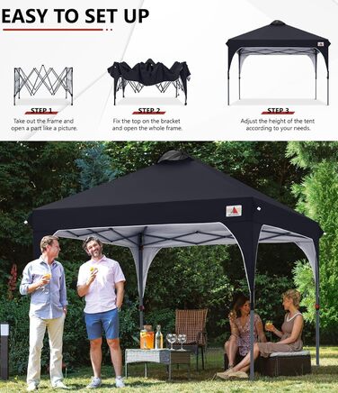 ABCCANOPY павільйон 3x3 м водонепроникний, розкладний, садовий тент для фестивалів, сонцезахисту, компактний, з сумкою на колесах, 4 вантажними мішками, 4 мотузками, 4 кілками, чорний