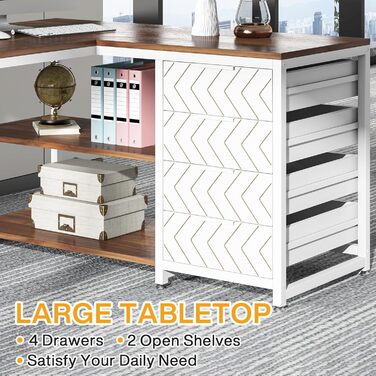 Письмовий стіл Tribesigns L-подібний з 4 висувними ящиками, комп'ютерний стіл з 2 полицями, кутовий стіл з місцем для зберігання для офісу, кабінету, вітальні, 150×110×75 см (горіх & білий)