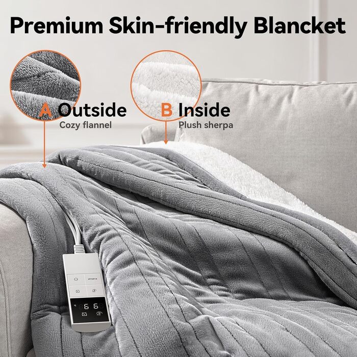 Електрична гріюча ковдра з автовимкненням, 9 зон нагріву, 200x180 см, таймер 1-9 год з функцією пам'яті, швидкий нагрів, рівномірний розподіл тепла, двостороння фланель та штучне хутро