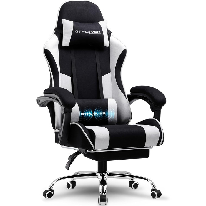 Ігровий крісло GTPLAYER з підніжкою та масажем, білий, тканинний