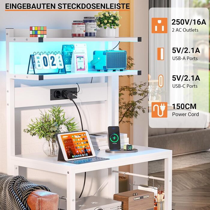 Кухонна полиця-стійка з розеткою, підставка для мікрохвильовки, 5-ярусна кавобар станція з LED-підсвічуванням, полиця для спецій, каструль та сковороди (60 см, білий)