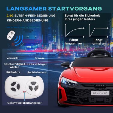 Дитячий електромобіль HOMCOM Audi RS e-tron GT з пультом, ременем безпеки, музикою, сигналом, фарами, до 5 км/год, для дітей 3-5 років, червоний