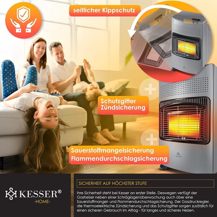 Газовий обігрівач KESSER® 4200W з керамічним нагрівачем, газовий опалювач, інфрачервовий нагрівач, для будинку та на вулицю, сумісний з бутаном/пропаном (до 15кг), сірий, з регулятором тиску, шлангом та захисним кожухом