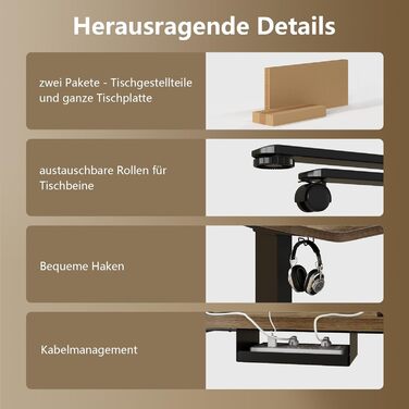 Регульований стіл, 180x80 см, електричний стоячий стіл з двома моторами, сенсорна панель, USB-A, кабелеуправління, стільниця 25 мм, ергономічний офісний стіл, білий (180 x 80 см, коричневий)