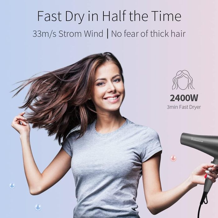 Фен для волосся Faszin Ion Professional Hair Фен - Супер швидкий фен з термостійкою технологією Triple-L Plus, з 4 аксесуарами для укладання світло-сірий