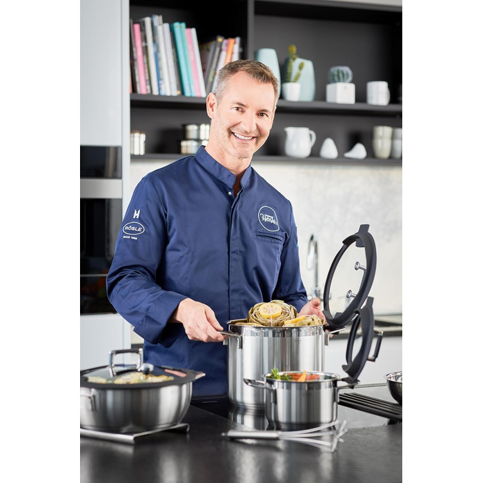 Набір каструль Rösele Silence Pro 5 предметів: універсальний набір з 3 каструль, 1 казанок та 1 сотейник, нержавіюча сталь 18/10, скляні кришки, внутрішня шкала, підходить для індукційних плит та мийки посуду