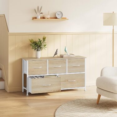 Комод WOLTU з 5 висувними ящиками з тканини, шафа-комод, тумба під TV, для вітальні, спальні, передпокою, з металевим каркасом та ДСП, білий, SSK005ws, білий (світлий дуб + білий, 5 тканинних ящиків)