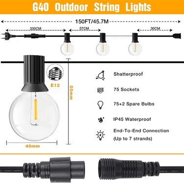 Світлодіодні вуличні гірлянди, вуличні гірлянди, пластикові світлодіодні лампи 62 G40, 2700K теплий білий, IP44 водонепроникні садові ліхтарі для патіо на задньому дворі, весілля, вечірки FANSANMY (45,7 м / 150 футів)