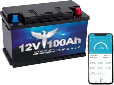 Акумуляторна батарея Elfhub LiFePO4 12V 100AH Bluetooth 100A BMS понад 5000 разів літієва батарея глибокого циклу 1280 Вт Захист від низькотемпературного відключення для автофургонів, кемпінгу, човнів, сонячних домашніх систем 12 В 100 Ач з Bluetooth