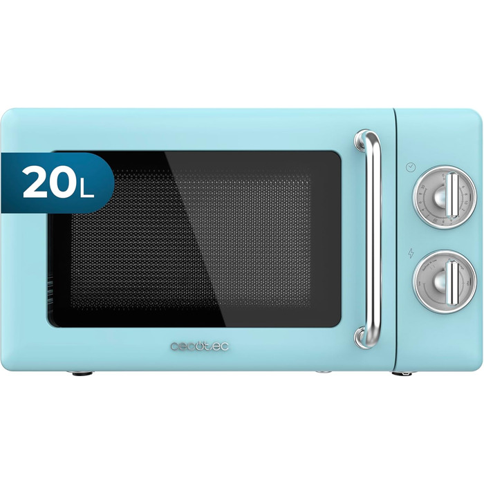 Мікрохвильова піч Cecotec Proclean 3010 Retro Blue 20 л, 700 Вт, механічна, 6 режимів, таймер 30 хв, режим розморожування, вінтажний дизайн, синя, нержавіюча сталь, підсвітка, серія Allein 30