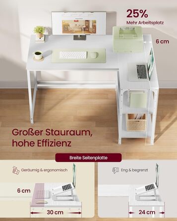 Кутовий стіл VASAGLE L-подібної форми з полицею, для офісу вдома, 110 x 80 см, колір: Акорн-білий