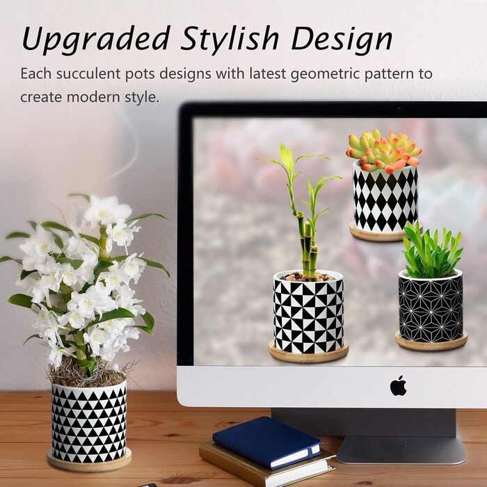 4 шт. горщики для сукулентів Coolty, кераміка, 7 см, міні-кактуси, геометричний дизайн, з підставкою та бамбуковим піддоном для декору