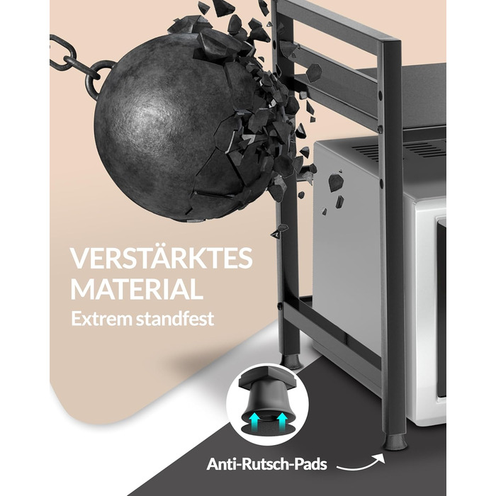 Підставка для мікрохвильової печі та кухонна полиця, сталева, 2-ярусна | Підставка для мікрохвильовки, шафка для мікрохвильовки, полиця для зберігання, полиця пекаря | Регульована висота та довжина, інструкція у відеоформаті, гачки - Чорний колір, 2 яруси