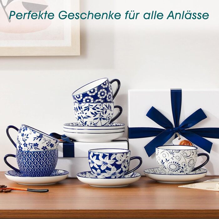 Набір кавових чашок Vancasso Selene, 6 шт., 360 мл, блакитно-білий вінтажний дизайн, для кави, молока, чаю та какао