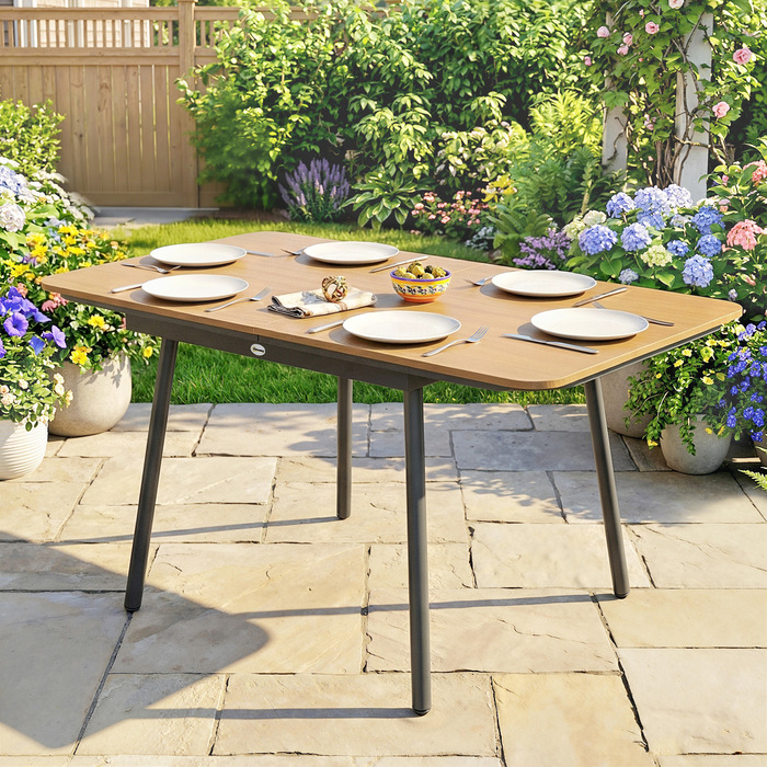 Садовий стіл 140 x 80 см на 6 осіб, стійкий до корозії, обідній стіл для вулиці зі стільницею з WPC, регульовані ніжки, колір тік