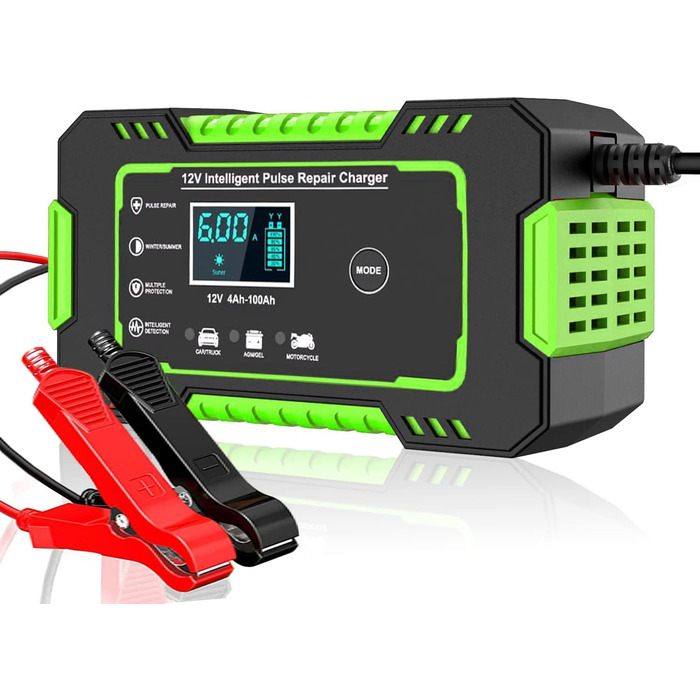 Зарядний пристрій для акумулятора 12V GREEN - автоматичний, інтелектуальний, з LCD, для авто, мото, газонокосарки, човна