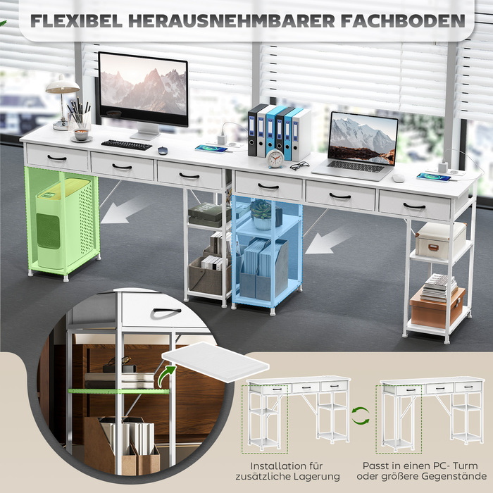 Стіл-парта з 2 USB-портами для зарядки, 2 розетками, регульованими полицями, 3 тканинними ящиками, розміром 120x40x76 см, білий